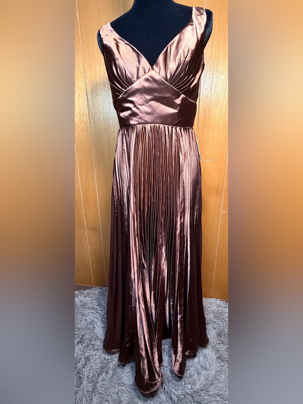 Elegant Brown Satin Pleated Maxi Gown V-Neck Formal Occasion Special Event